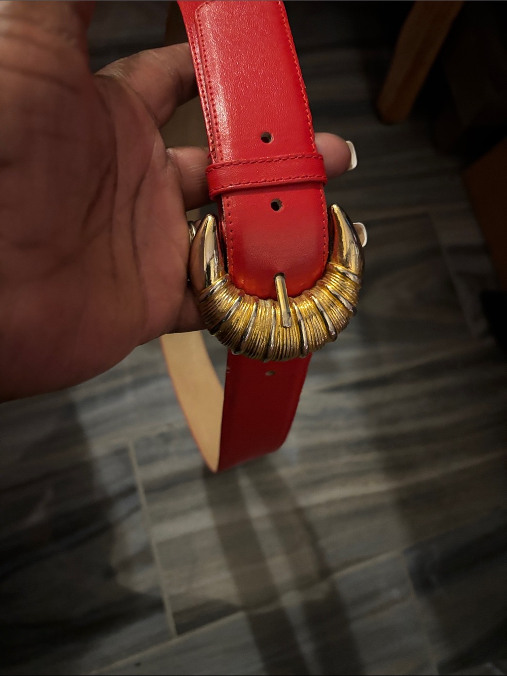 Red Leather Belt with Sculpted Gold-Tone Buckle